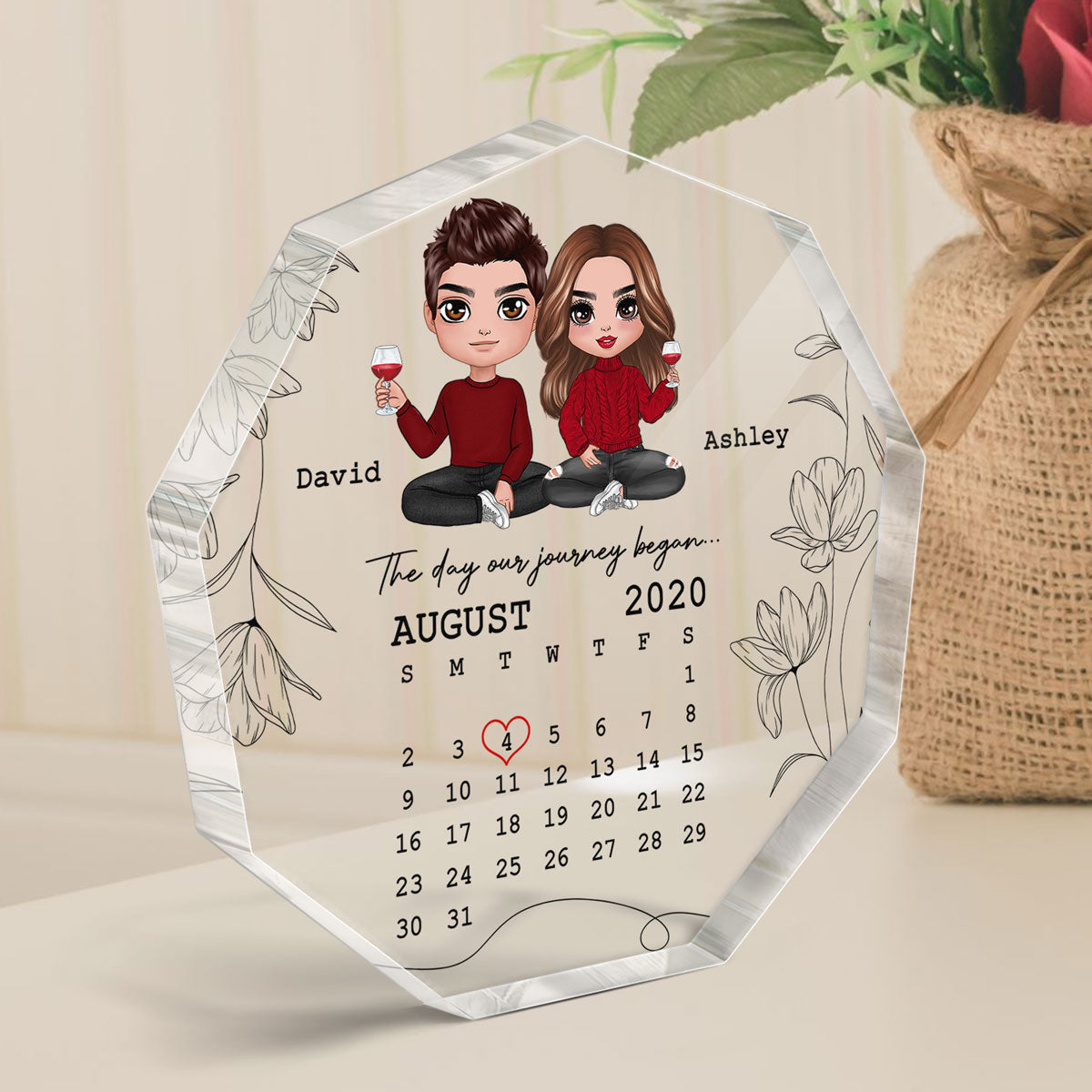 Doll Couple Sitting The Day Journey Began Personalized Acrylic Nonagon Plaque - Calendar Anniversary Gift For Couple - Gift For Him Gift For Her