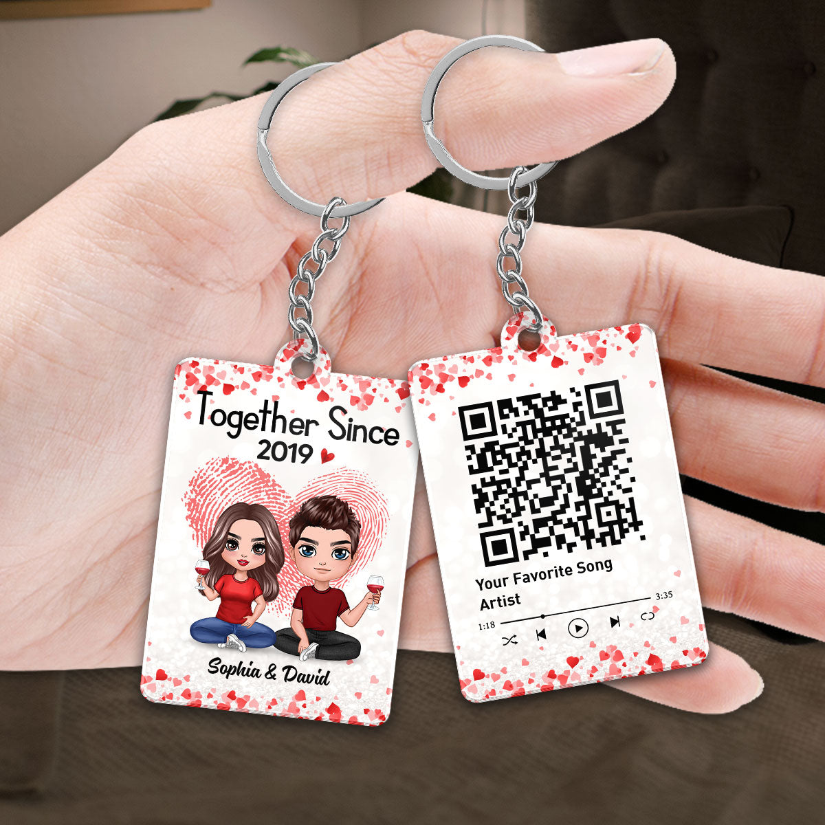 Fingerprint Doll Couple Sitting Favorite Song Scannable QR Code Personalized Acrylic Keychain