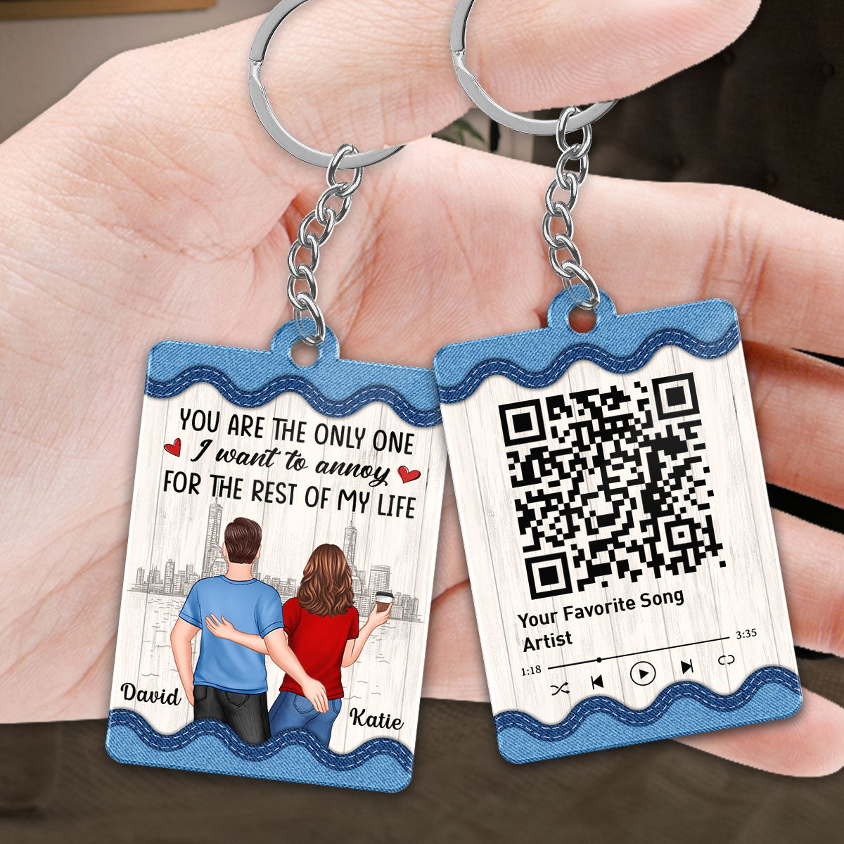Denim Pattern Back View Couple Touching Favorite Song Scannable QR Code Personalized Acrylic Keychain