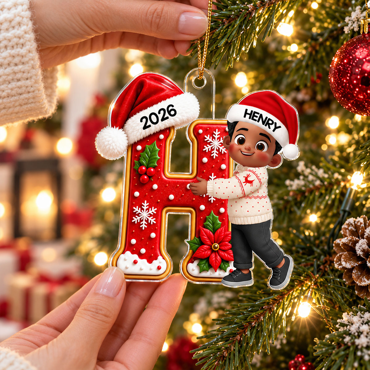 Joyful Christmas Letter Hug - Personalized Acrylic Ornament - Gift For Boys, Girls, Grandkids