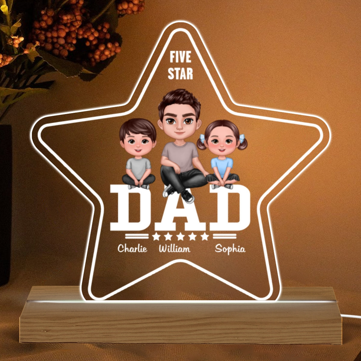 Five Star Dad Doll Sitting Man & Kids Personalized Warm Acrylic Custom Shape LED Night Light