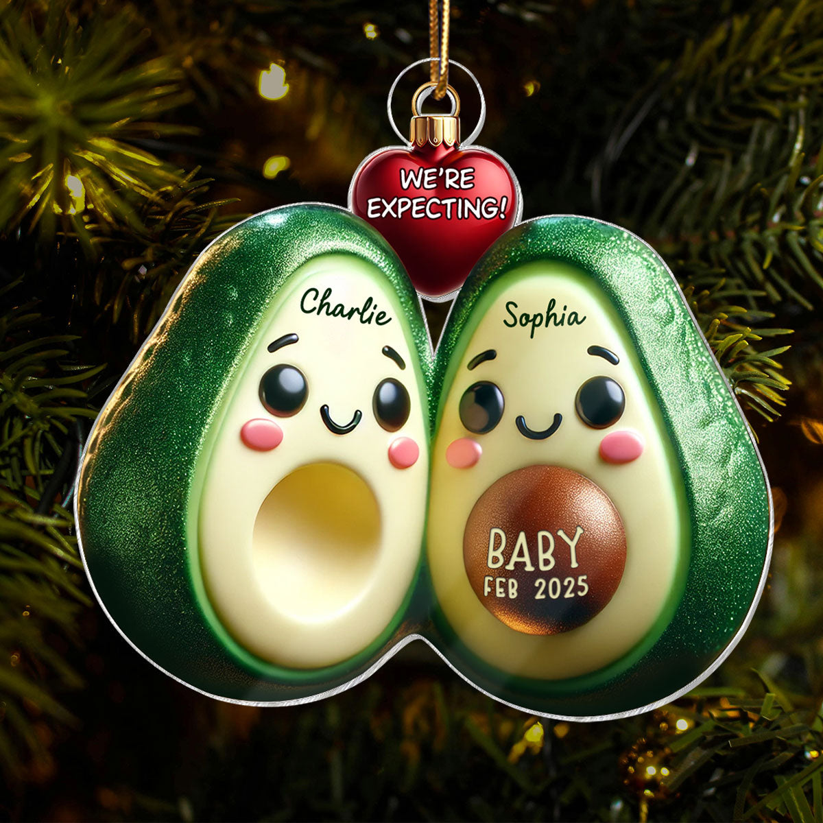 Avocado Couple Expecting Parents Pregnancy Announcement 3D Effect Keepsake Personalized Acrylic Ornament