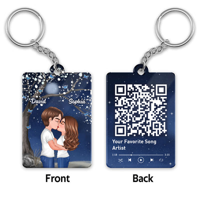 Blossom Tree Doll Couple Kissing In The Moon Night Favorite Song Scannable QR Code Personalized Acrylic Keychain