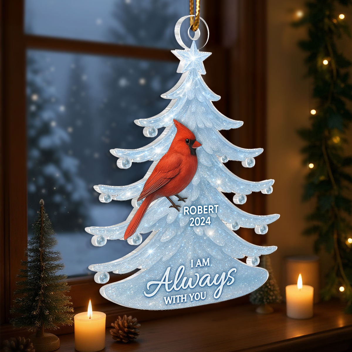 Crystal Christmas Tree Cardinals 3D Effect Personalized Acrylic Ornament, Heartwarming Memorial Sympathy Gift