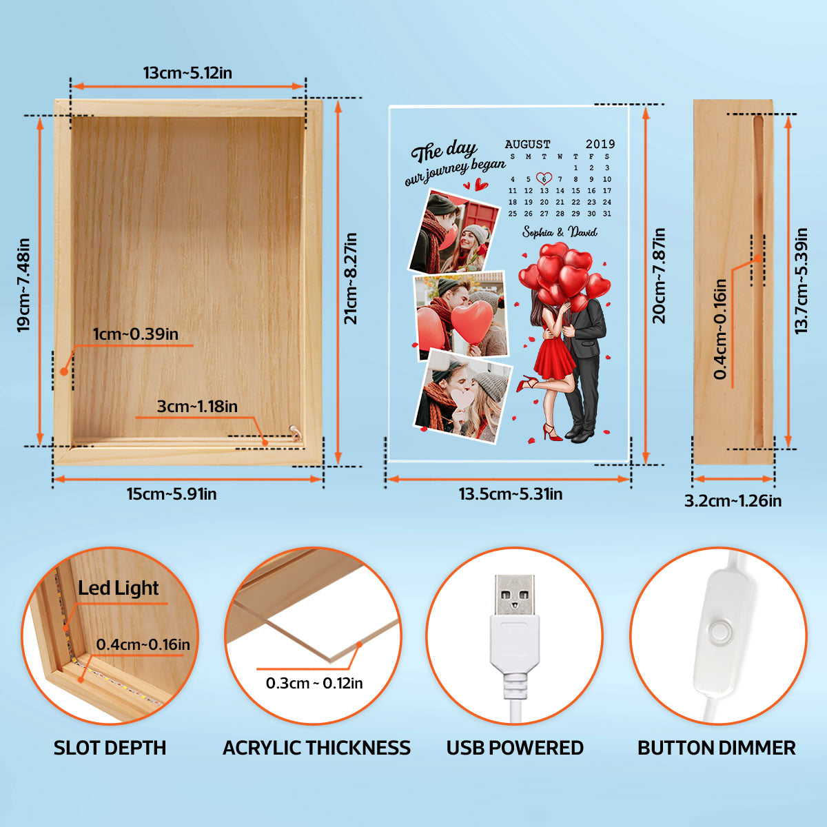 Couple Standing Kissing Calendar Date Photos Personalized Frame Light Box