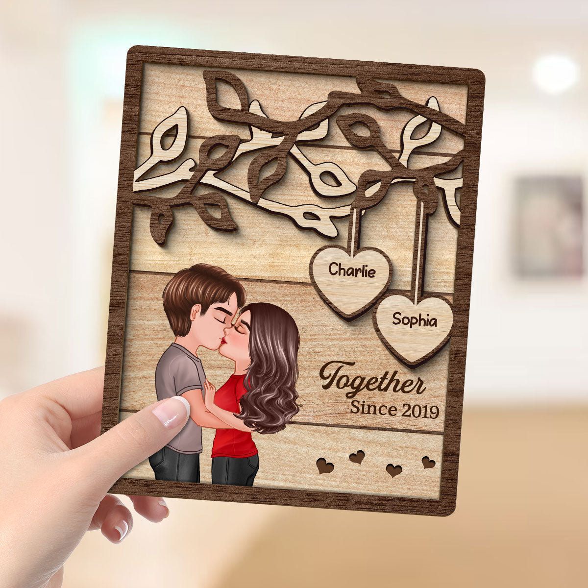 Couple Kissing Under Tree Personalized 2-Layer Rectangle Wooden Plaque