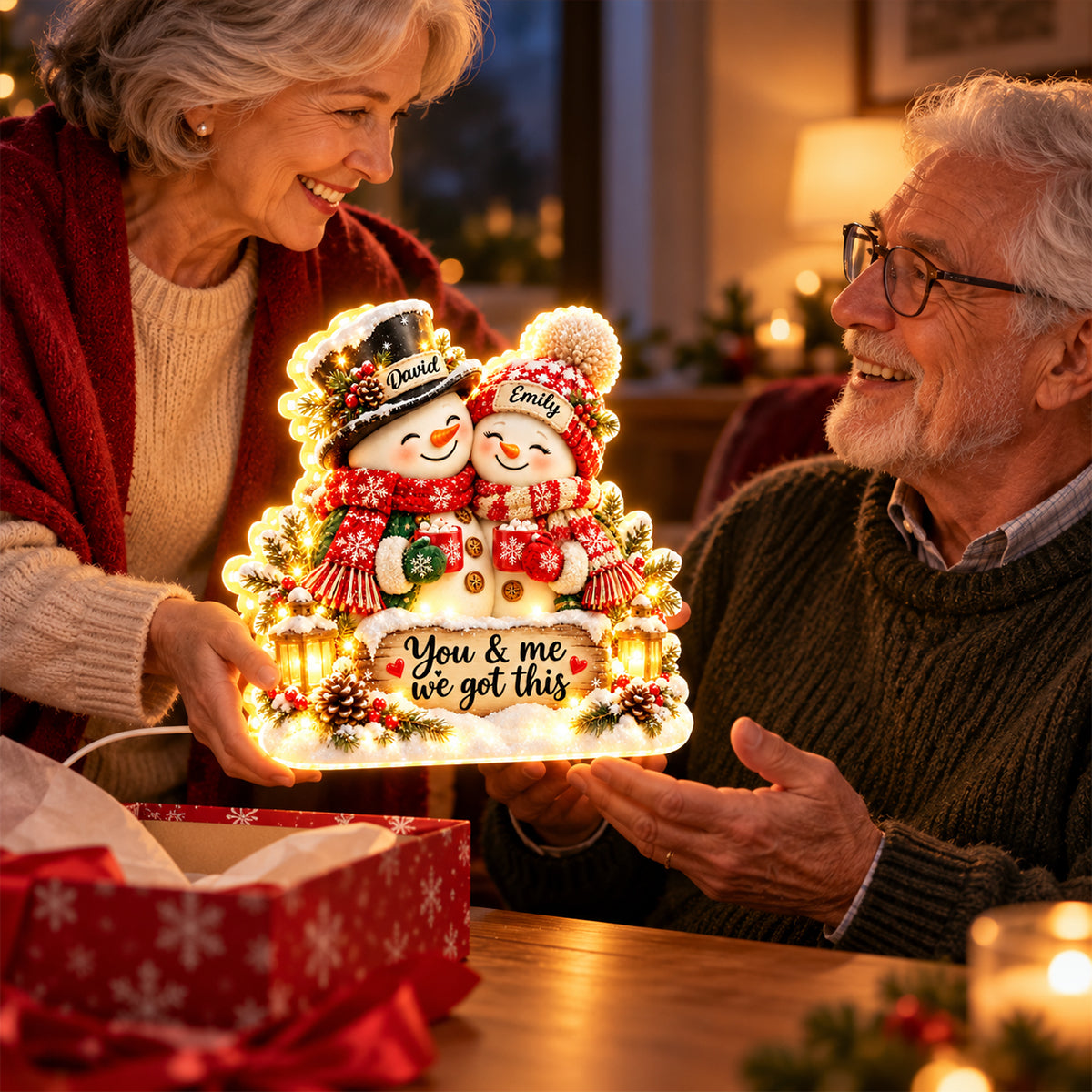 Snowman Couple Hugging - Personalized Light Box - Heartfelt Christmas Gift for Her, Gift for Him