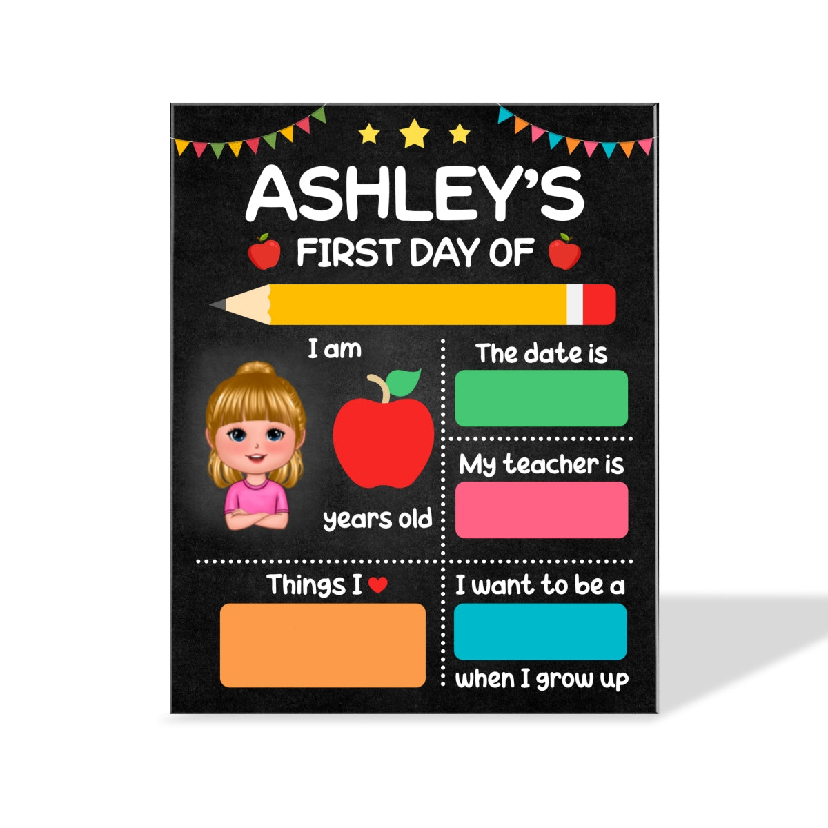 Doll Kid First Day Of School Personalized Board Sign, Editable, Reusable Back To School Sign