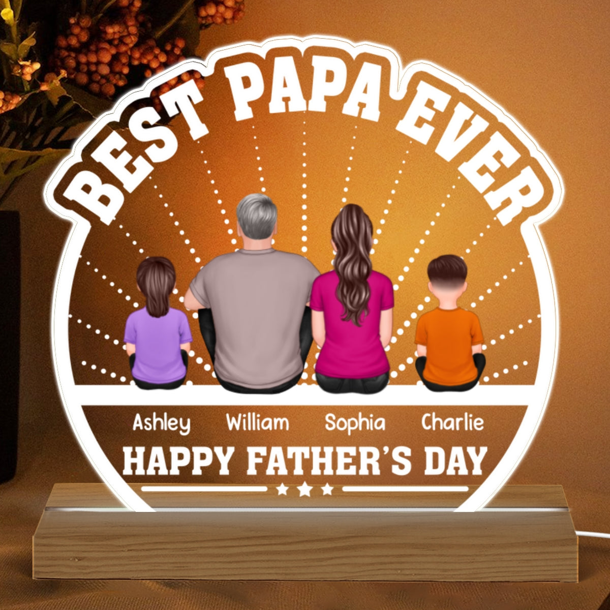 Best Papa Ever Back View Man Kids Dog Cat Personalized Custom Shaped Acrylic Plaque With Warm LED Night Light