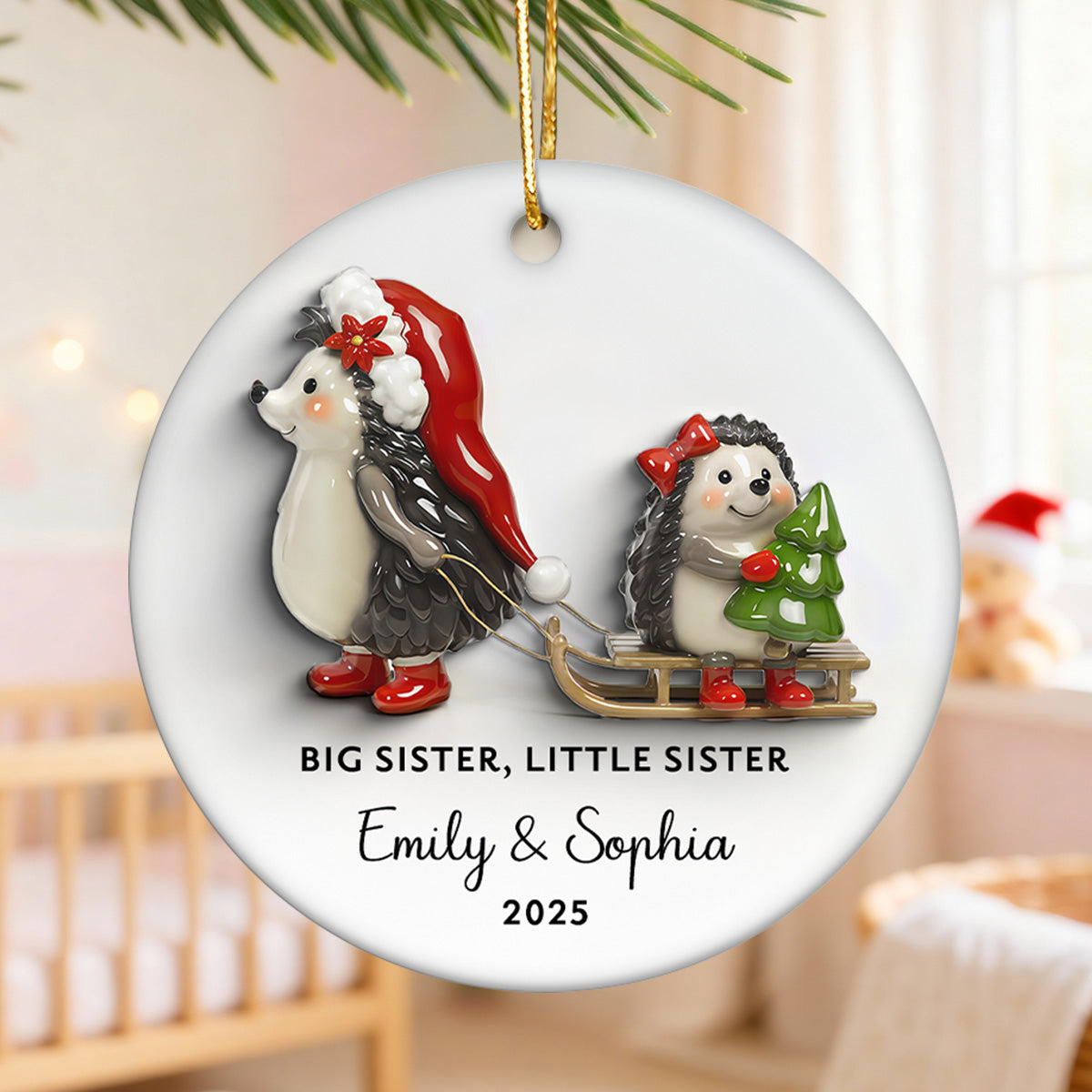 Big Sister Little Sister 3D Effect Cute Hedgehog - Personalized Ceramic Ornament - Proud New Big Sister Gift For Daughter, Granddaughter