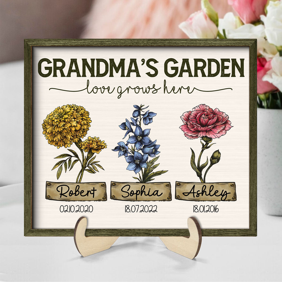 Grandma‘s Garden Love Grows Here Vintage Birth Month Flower Personalized 2-Layer Wooden Plaque