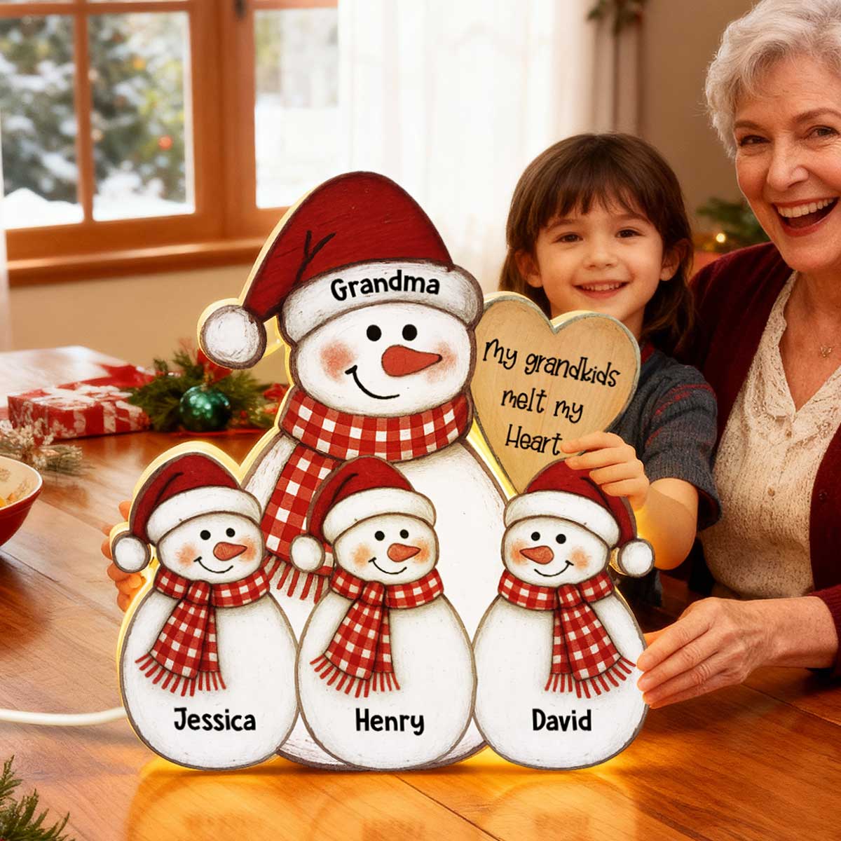 Folk Art Cute Snowman Grandma & Grandkid - Personalized Light Box - Christmas Decor For Grandma