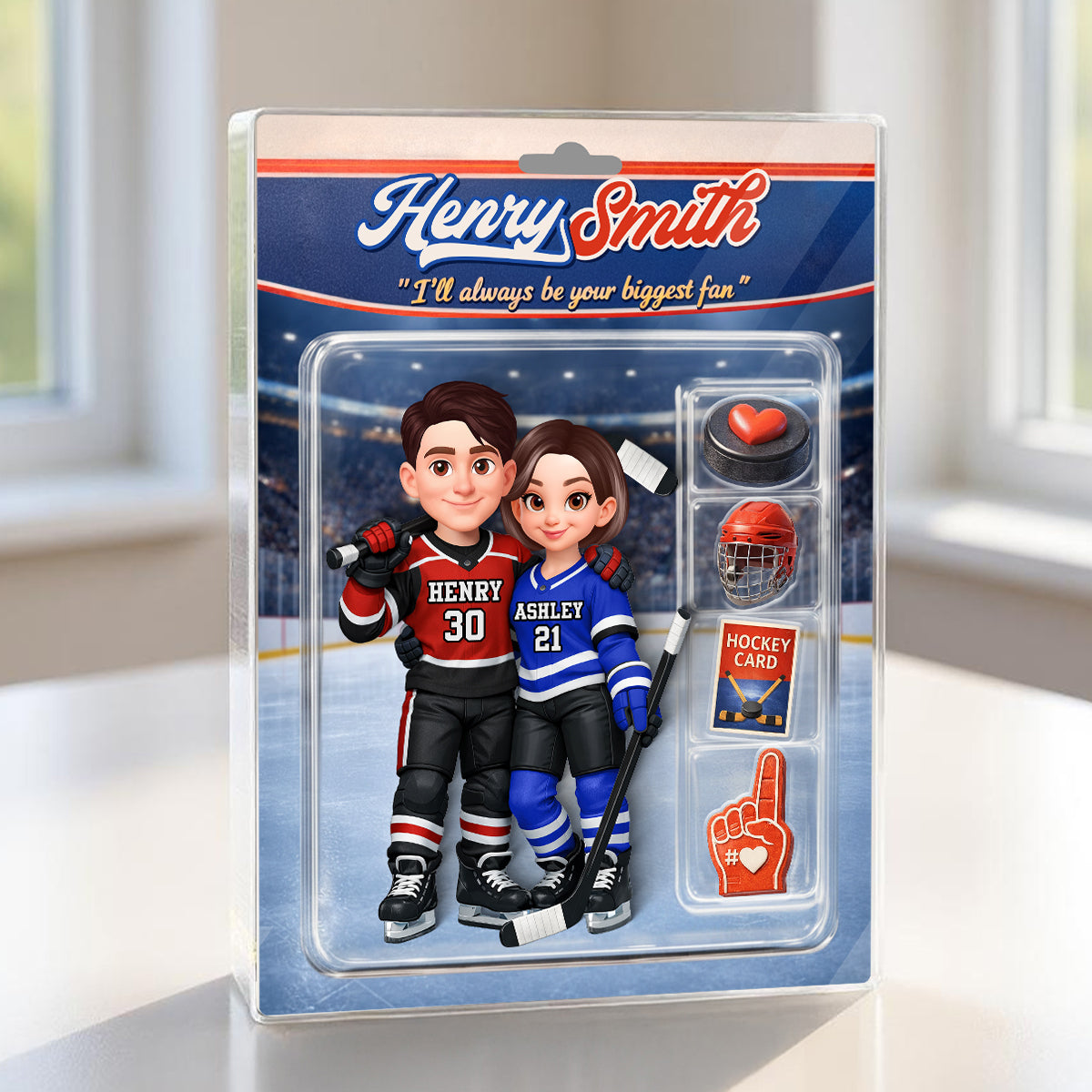 Hockey Couple I'll Always Be Your Biggest Fan Custom Action Figure - Personalized Acrylic Block Plaque - Sentimental Gift for Him