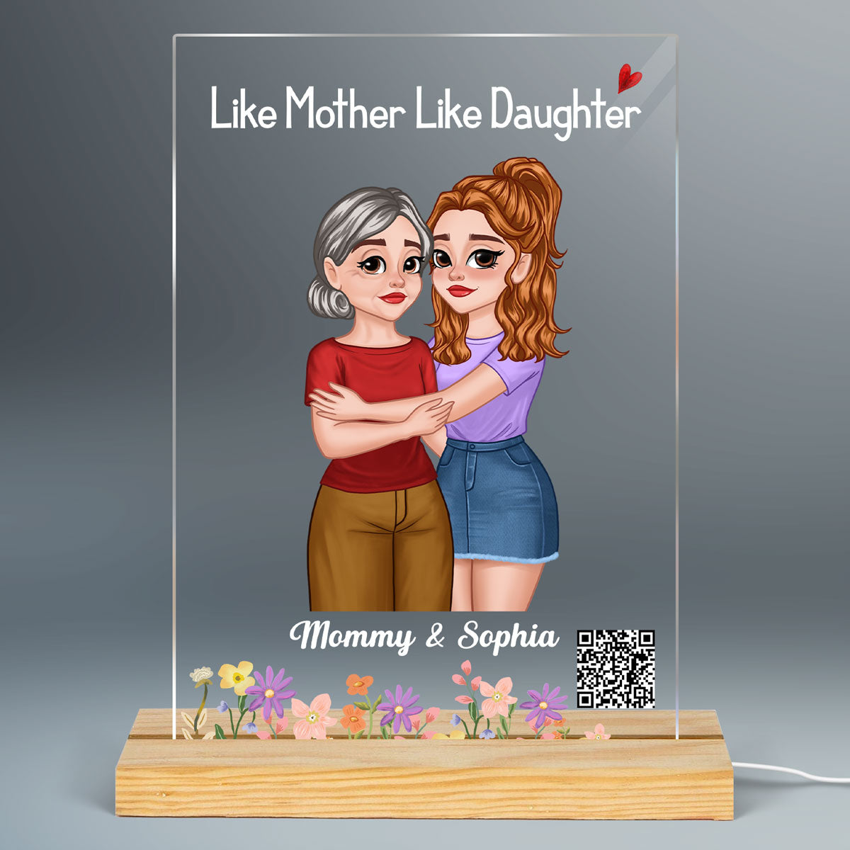 Like Mother Like Daughter Cartoon Hugging Mom Daughter Favorite Song QR Code Personalized Rectangle Acrylic Plaque With LED Night Light