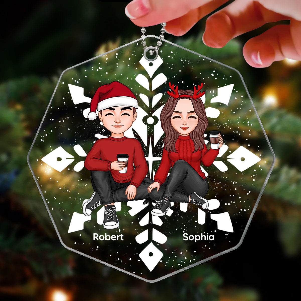 Couple Sitting Christmas Snowflake Shaped Personalized Acrylic Ornament