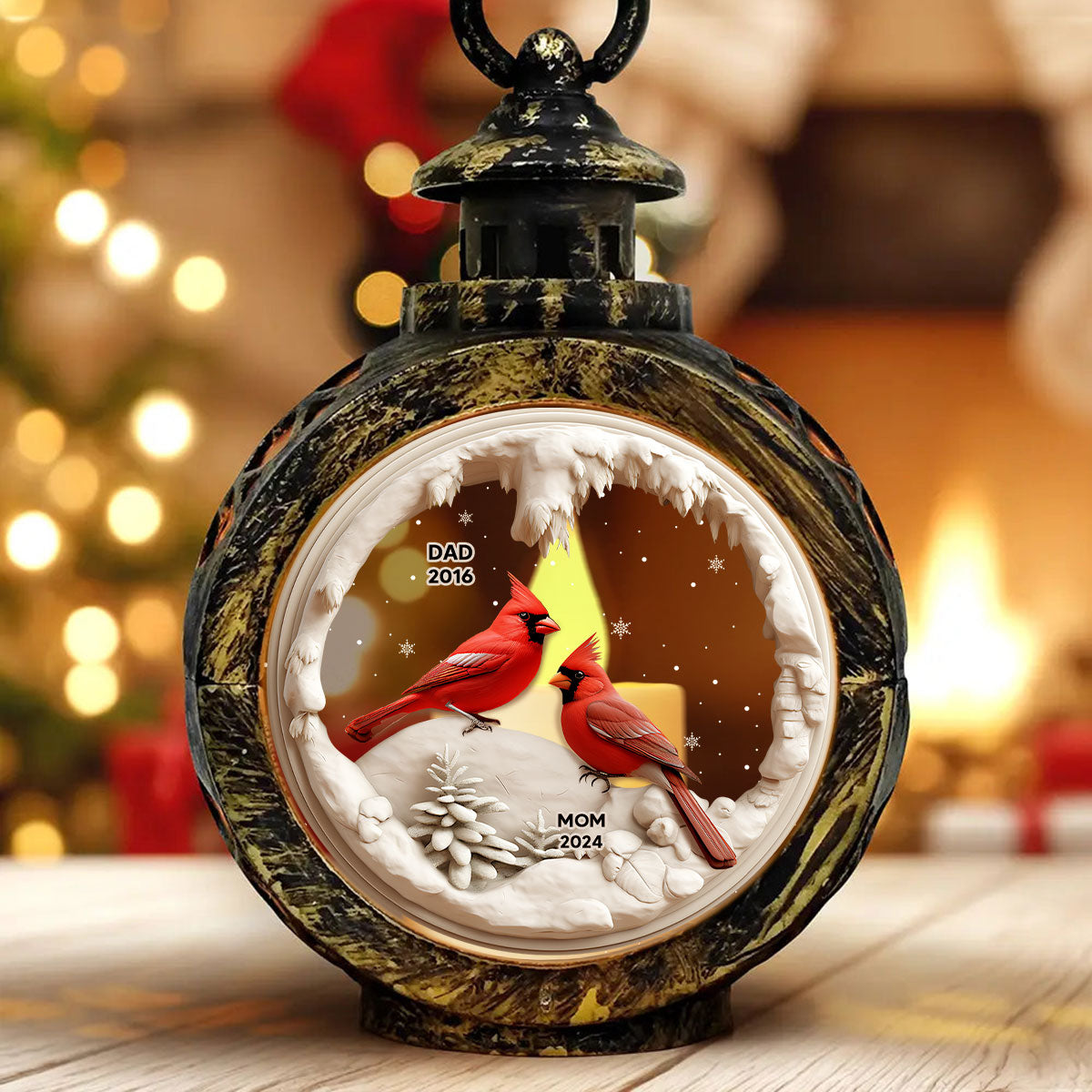 Cardinals In Winter Cave Christmas Personalized Lantern Ornament, Remembrance Gift, Sympathy Gift