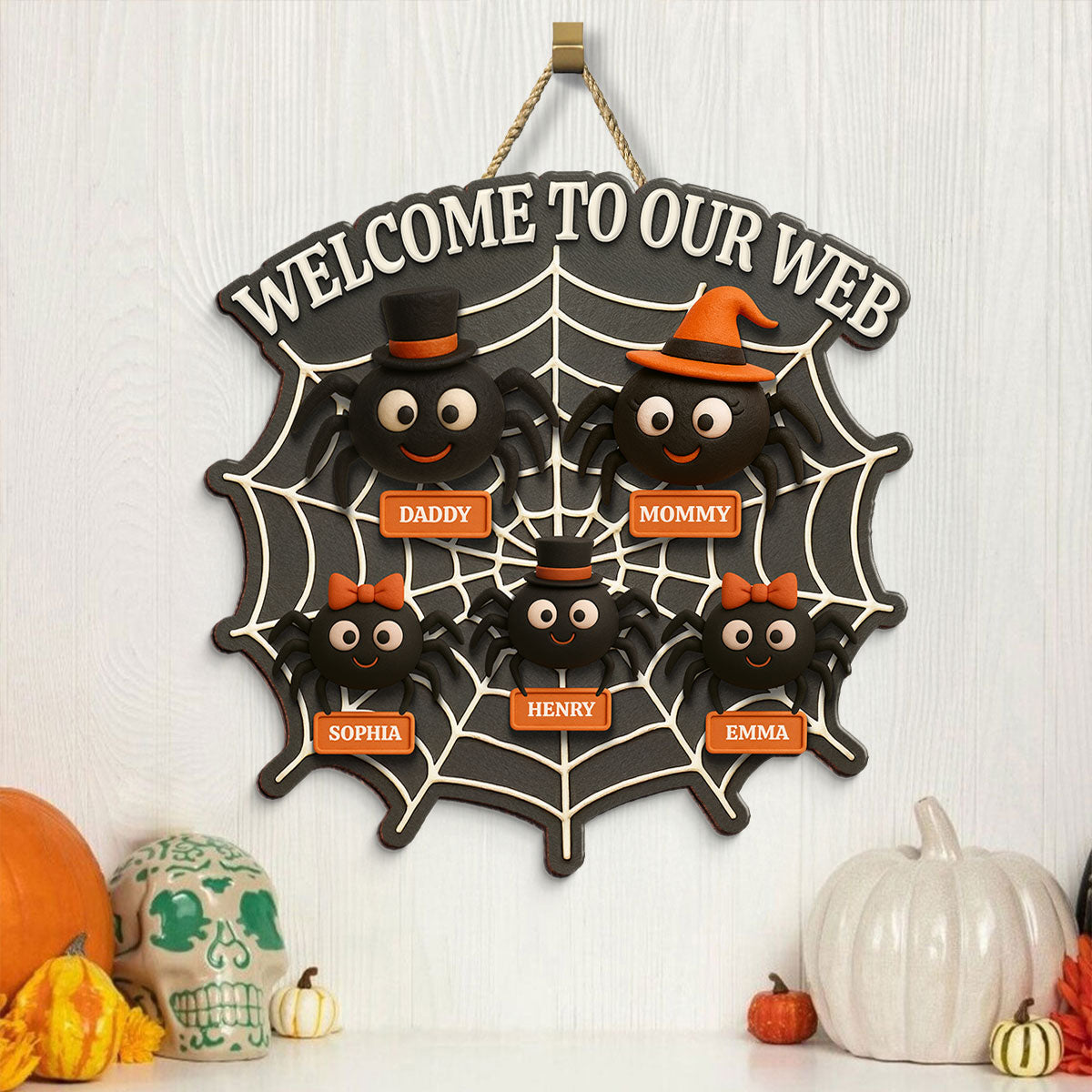 Welcome To Our Web Spiders Family 3D Effect Personalized Door Sign, Halloween Decor