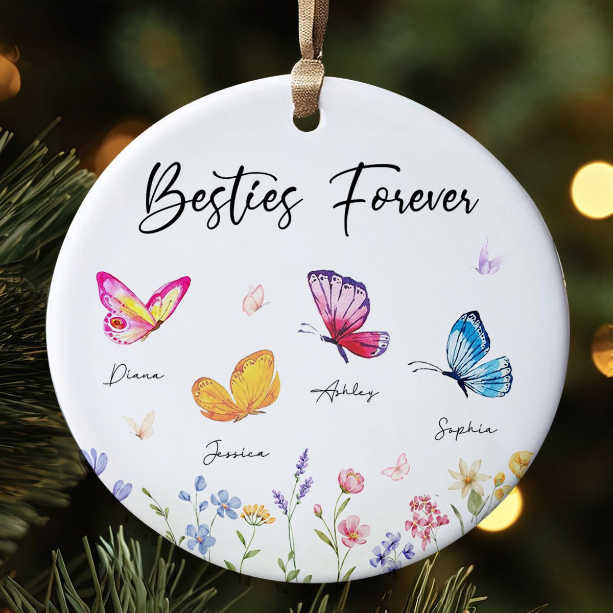 Besties Sisters Grandma Mom Beautiful Butterflies Personalized Circle Ceramic Ornament