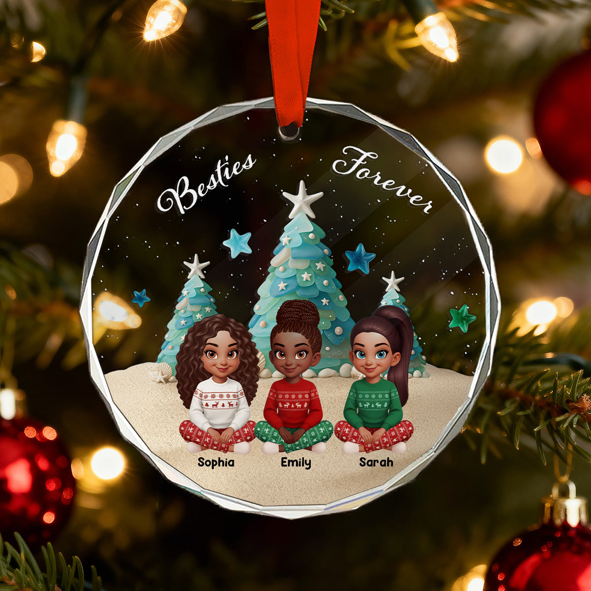 3D Sea Glass Effect Christmas Tree Beautiful Besties Forever - Personalized Glass Ornament - Gift For Best Friends