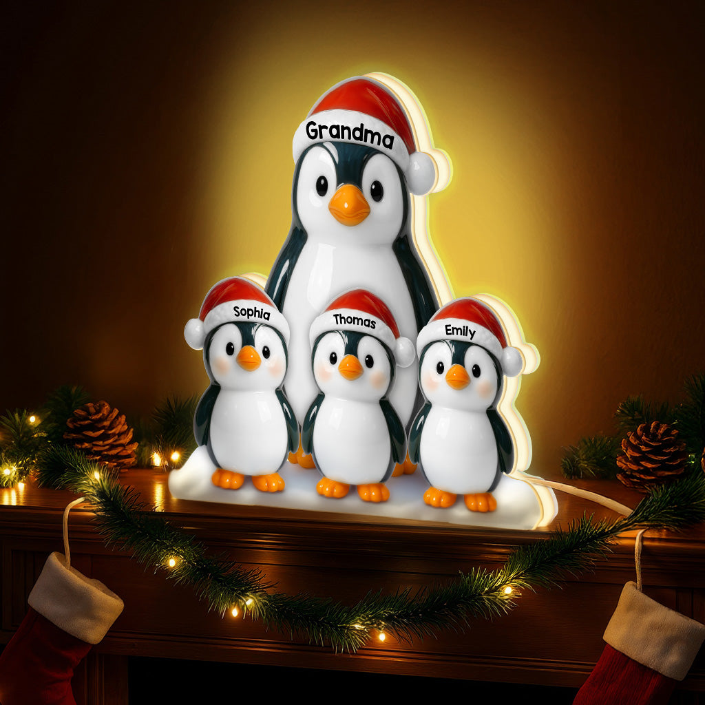 3D Effect Cute Christmas Penguins Grandma & Grandkids - Personalized Light Box