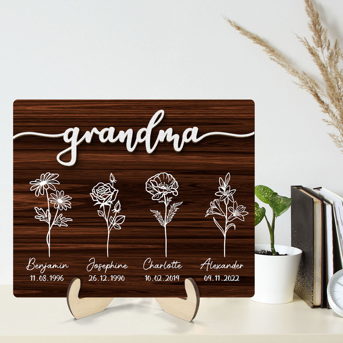 Grandma Grandkids Flowers Personalized 2-Layer Wooden Plaque
