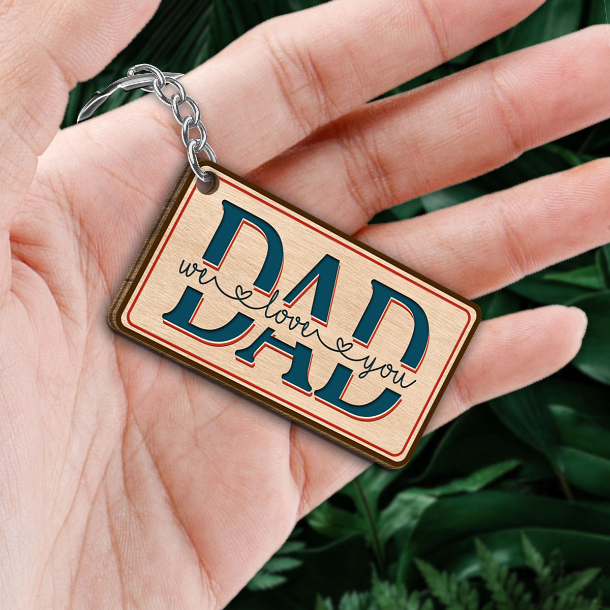 Dad We Love You Retro Red Blue Back View Man & Kids Dog Cat Personalized Wooden Keychain