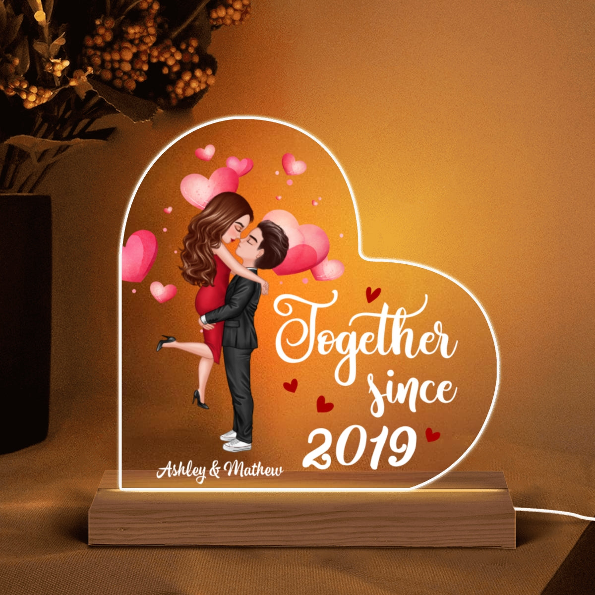 Watercolor Hearts Doll Couple Hugging Kissing Gift For Him For Her Personalized Custom Shape LED Night Light