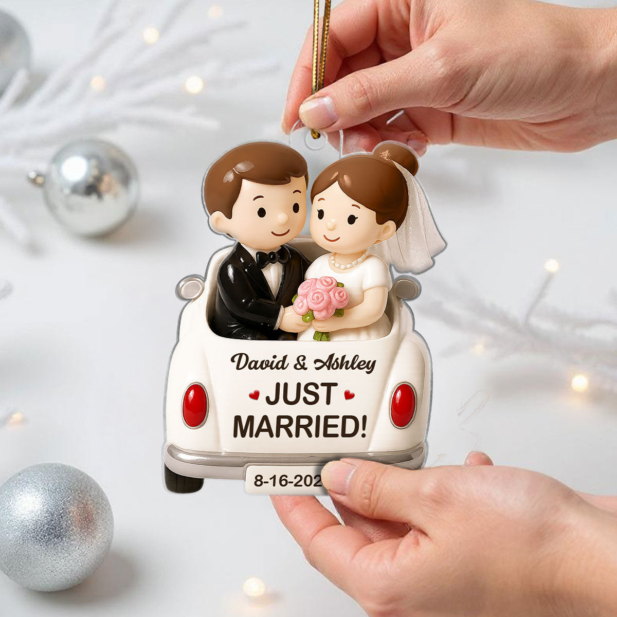 3D Effect Just Married Forever Love Couple Personalized Flat Acrylic Ornament, Gift For Newly Wedding Couple