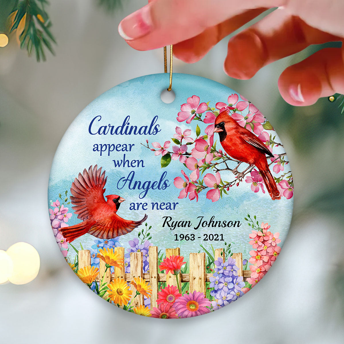 Cardinal Flowers Memorial Personalized Circle Ornament