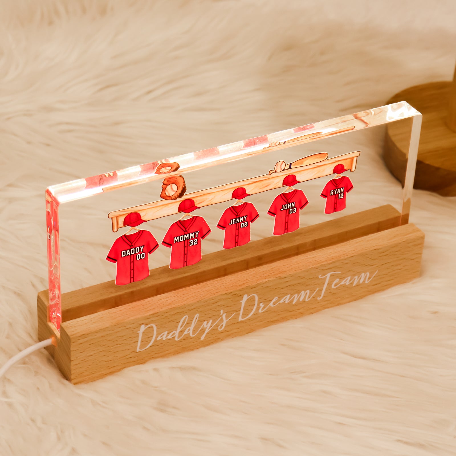 Daddy's Baseball Team Personalized Acrylic Block LED Night Light