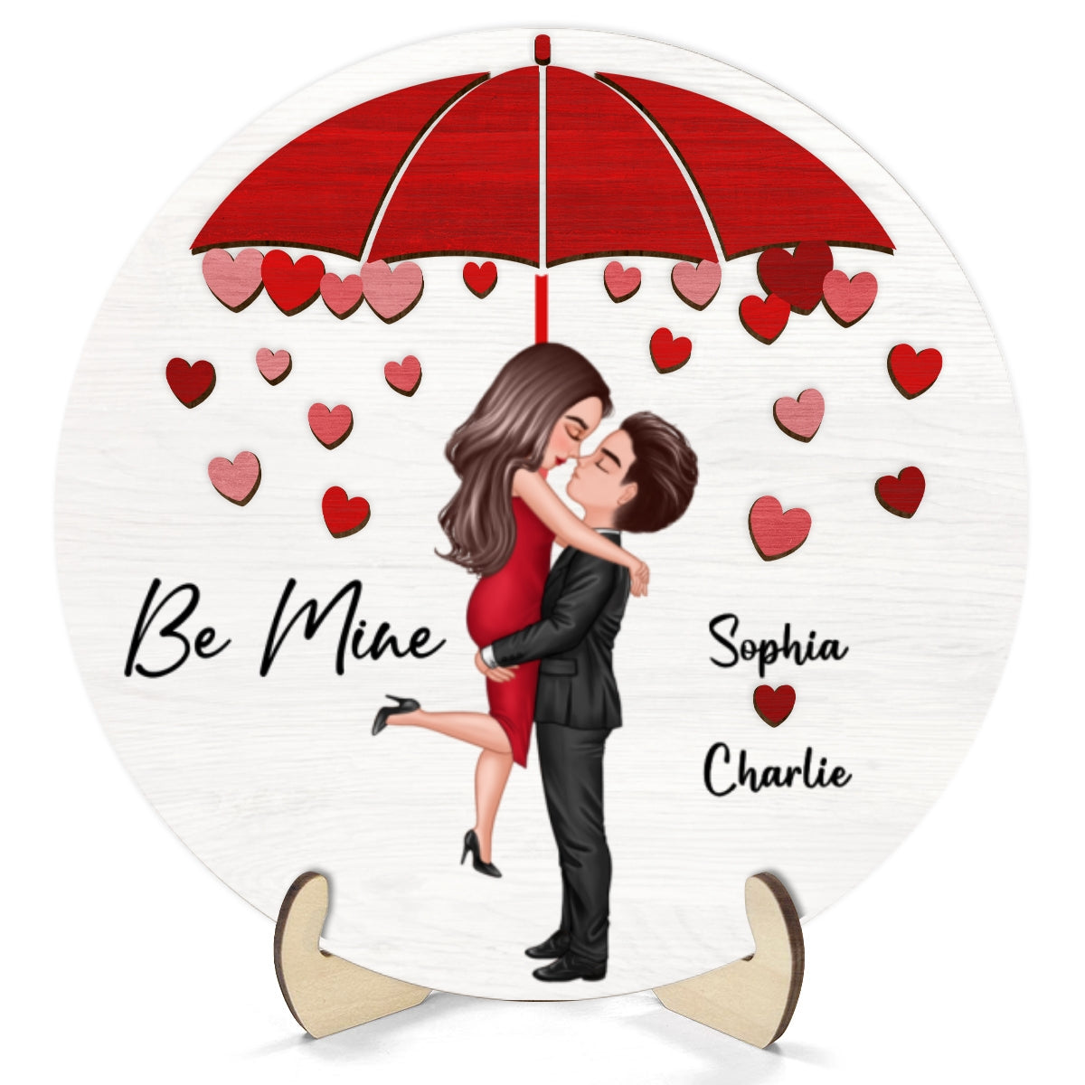 Be Mine Couple Kissing Under Umbrella Personalized 2-layer Wooden Plaque
