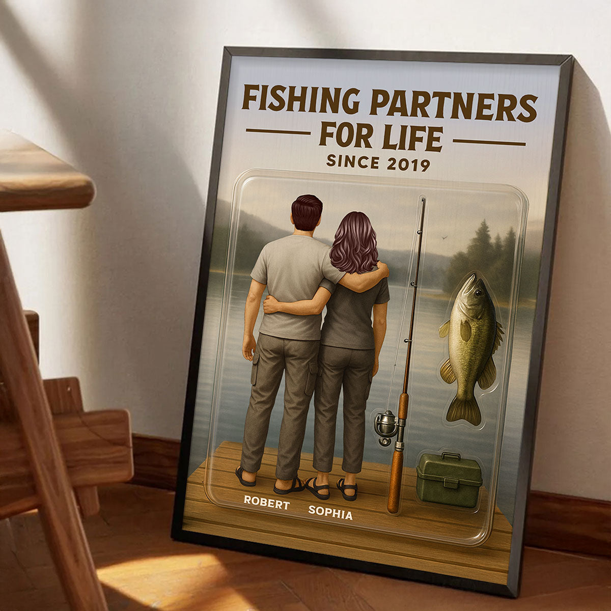 3D Effect Custom Figure Couple Fishing Partners For Life Personalized Poster