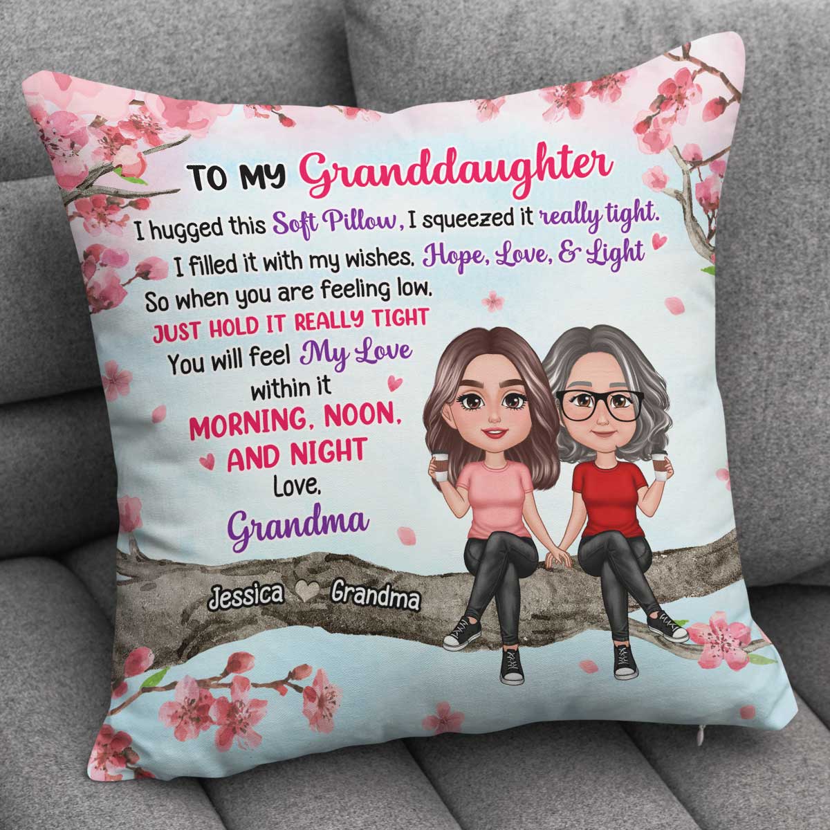 To My Mom Daughter Granddaughter Sitting On Pink Tree Personalized Pillow