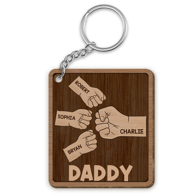 Dad Grandpa And Kids Fist Bump Hands Personalized Wooden Keychain