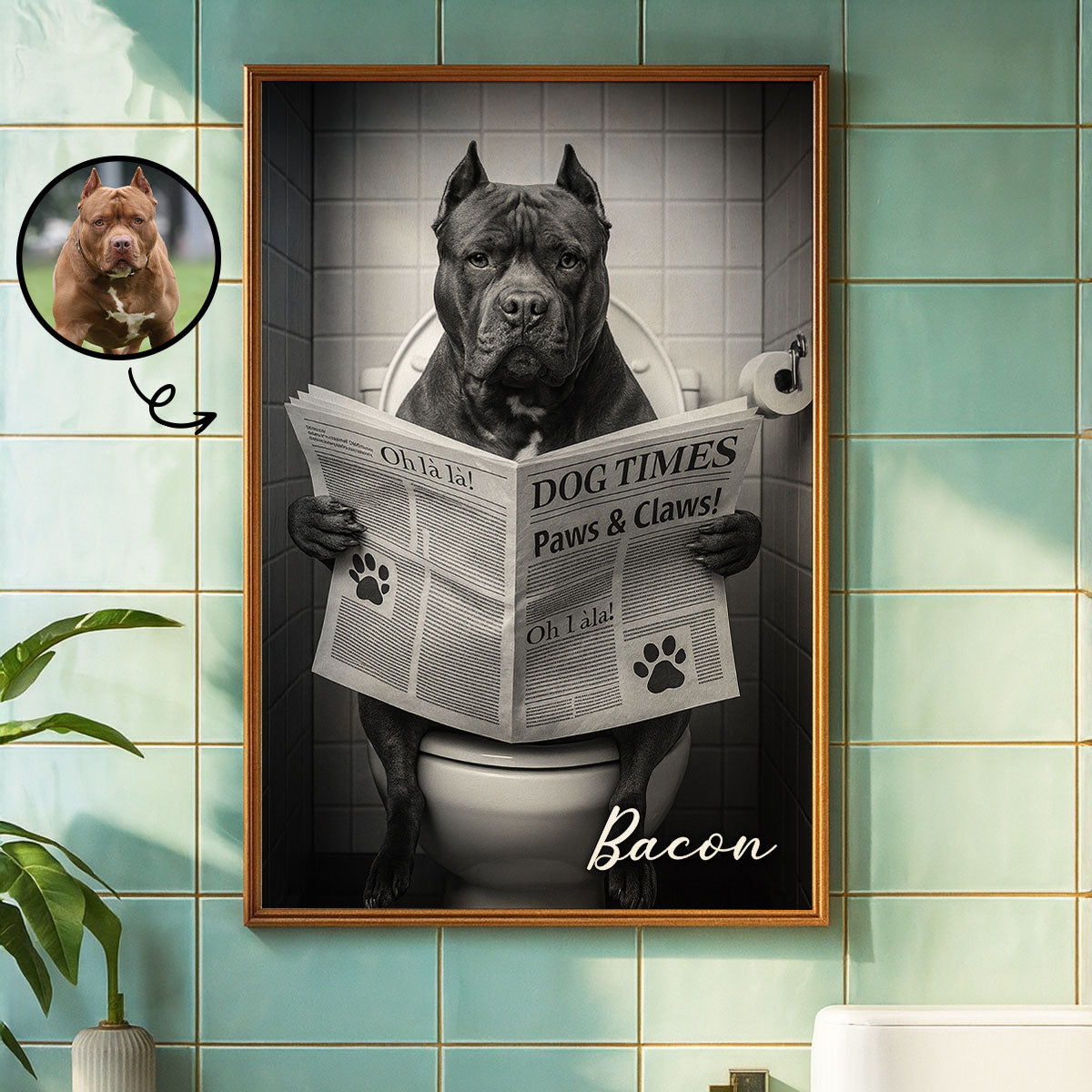 Custom Pet Portrait from Photo, Funny Bathroom Dog Reading Newspaper on Toilet, Dog Wall Art, Personalized Pet Gift