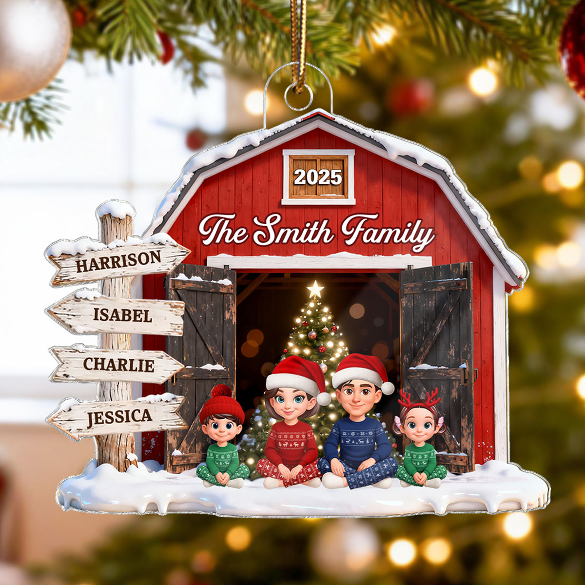 3D Effect Christmas Nostalgia Barn House Family Sign Posts Family Together - Personalized Acrylic Ornament - Gift For Family, Farmhouse Decor