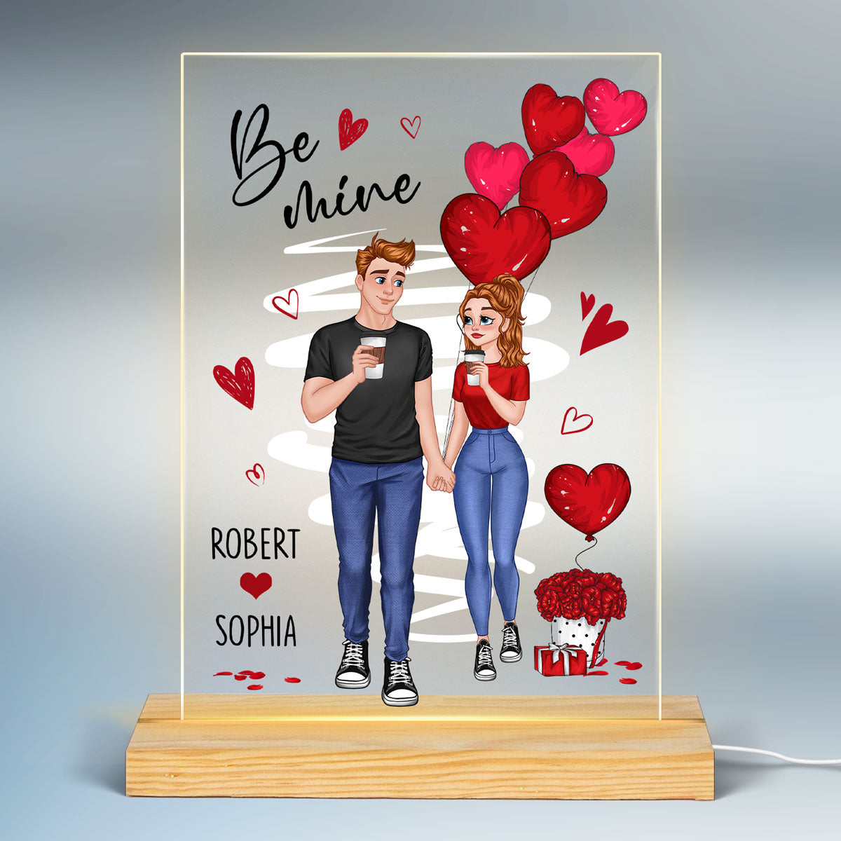 Be Mine Cartoon Couple Hand In Hand Balloon Personalized Rectangle Acrylic Plaque With LED Night Light