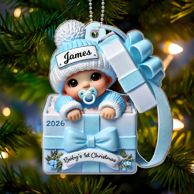 Baby Inside Gift Box 3D Effect - Personalized Acrylic Ornament - Lovely Keepsake to Celebrate Little Miracle, Christmas in July