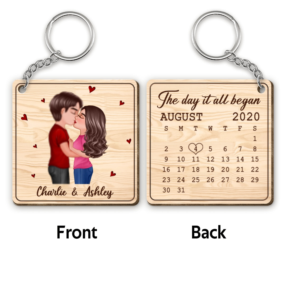 Doll Couple Kissing Calendar Anniversary Date Personalized Wooden Keychain