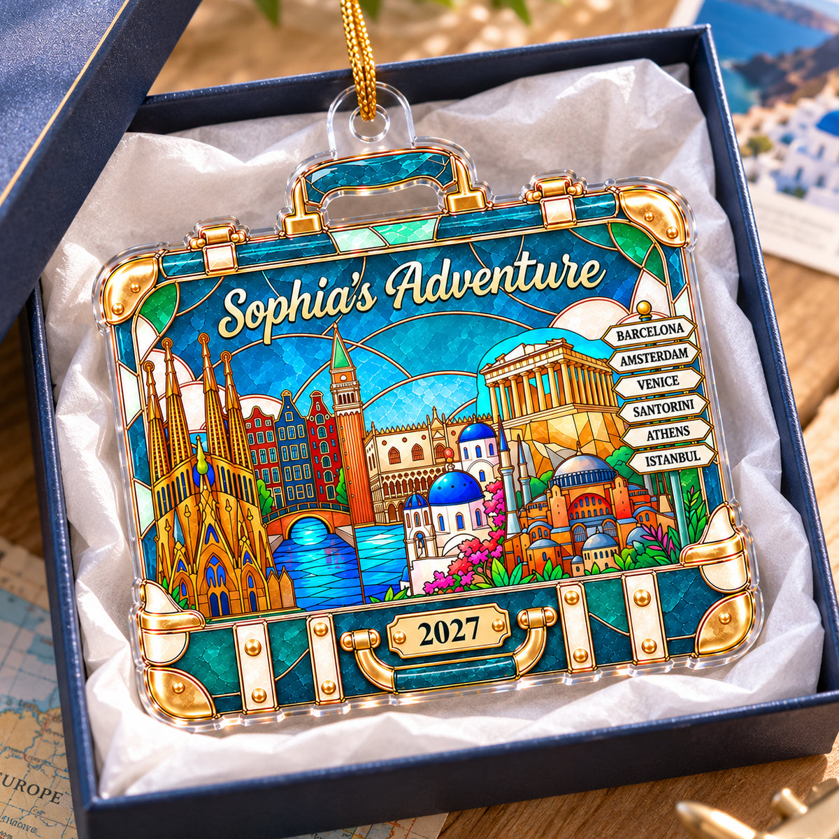 Custom Travel Adventure Suitcase Colorful Faceted Illustration 2D Flat Printed - Personalized Acrylic Ornament - Traveling Destination Keepsake, Christmas Gift For Traveling Lovers