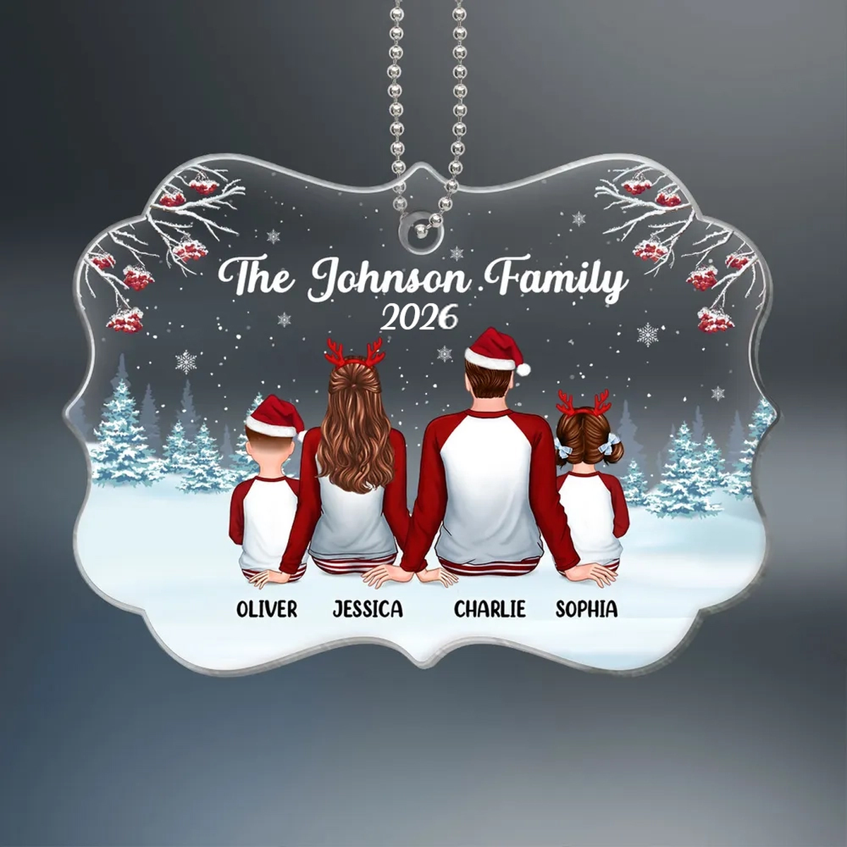 Family Back View Pajamas In Snow Personalized Acrylic Ornament