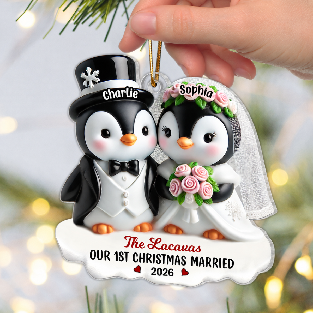 3D Effect Penguins Just Married Couple Groom & Bride Wedding First Christmas Together Personalized Acrylic Ornament