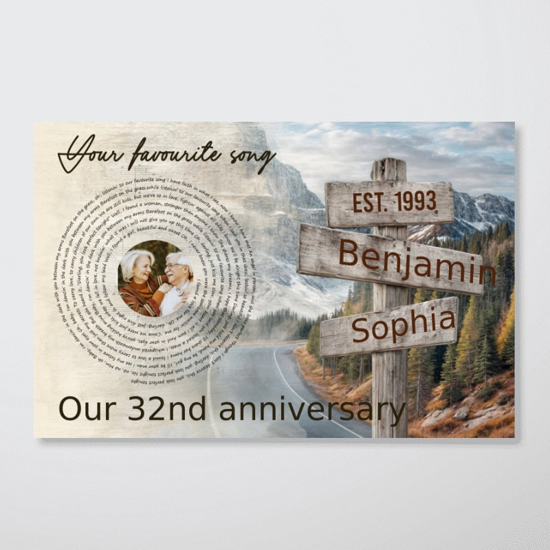 Vintage Signpost Mountain Landscape Song Lyrics Art Personalized Poster, Anniversary Valentine's Gift For Her, For Him