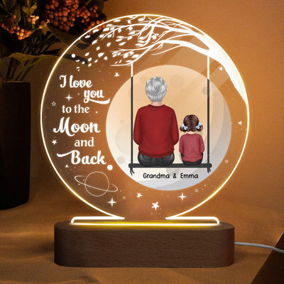 Grandma Grandkid On Swing Big Moon Personalized Circle Acrylic Plaque With LED Night Light