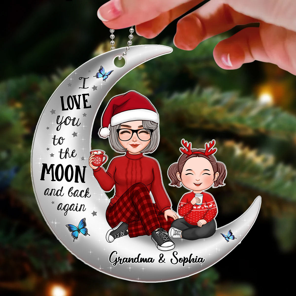 Cute Grandma & Grandkid On Silver Moon Christmas Gift For Granddaughter Grandson Personalized Acrylic Ornament