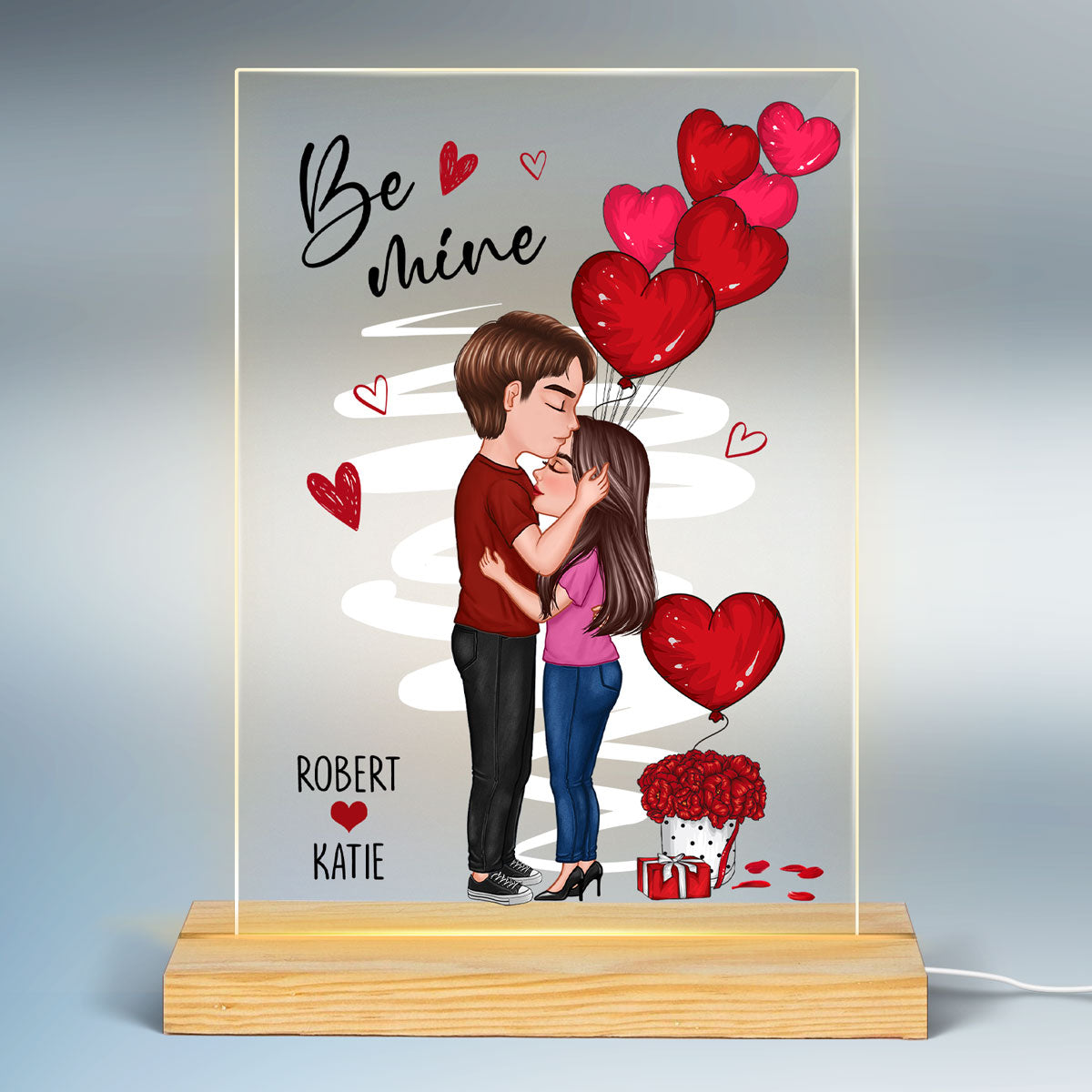 Be Mine Doll Couple Kissing On Forehead Personalized Plaque LED Night Light - Gift For Him Gift For Her