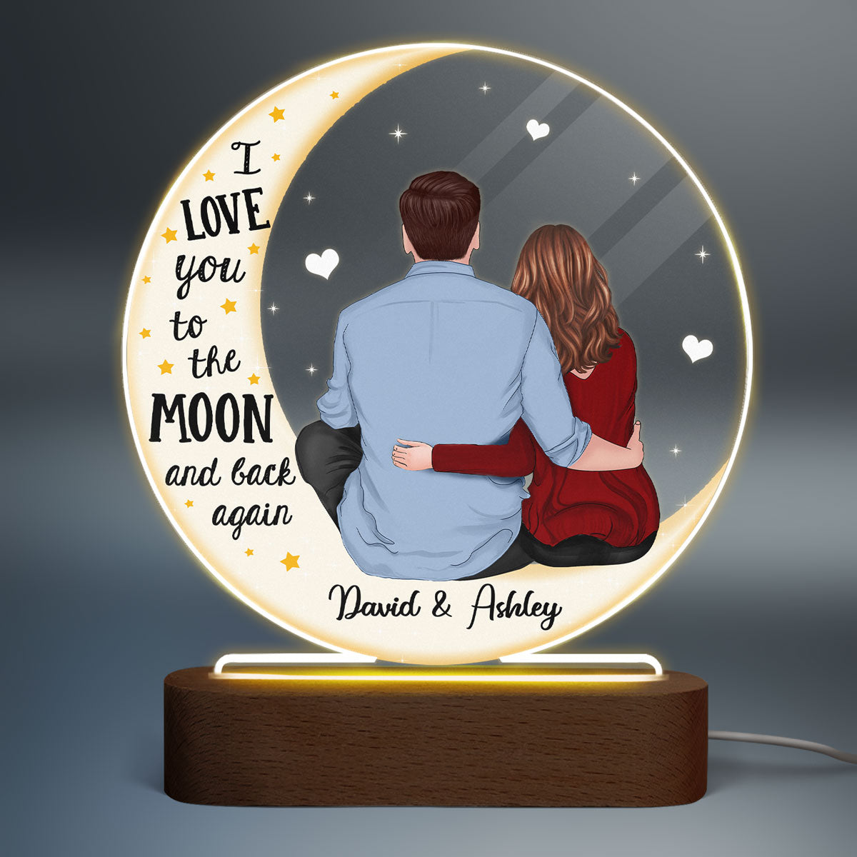 Love You To The Moon Couple Sitting Back View On Moon Personalized Circle Acrylic Plaque With LED Night Light - Valentine‘s Day Gift - Anniversary Gift For Her - Gift For Him