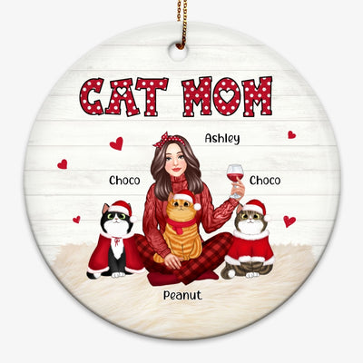 Pretty Cat Mom Polka Personalized Circle Ornament