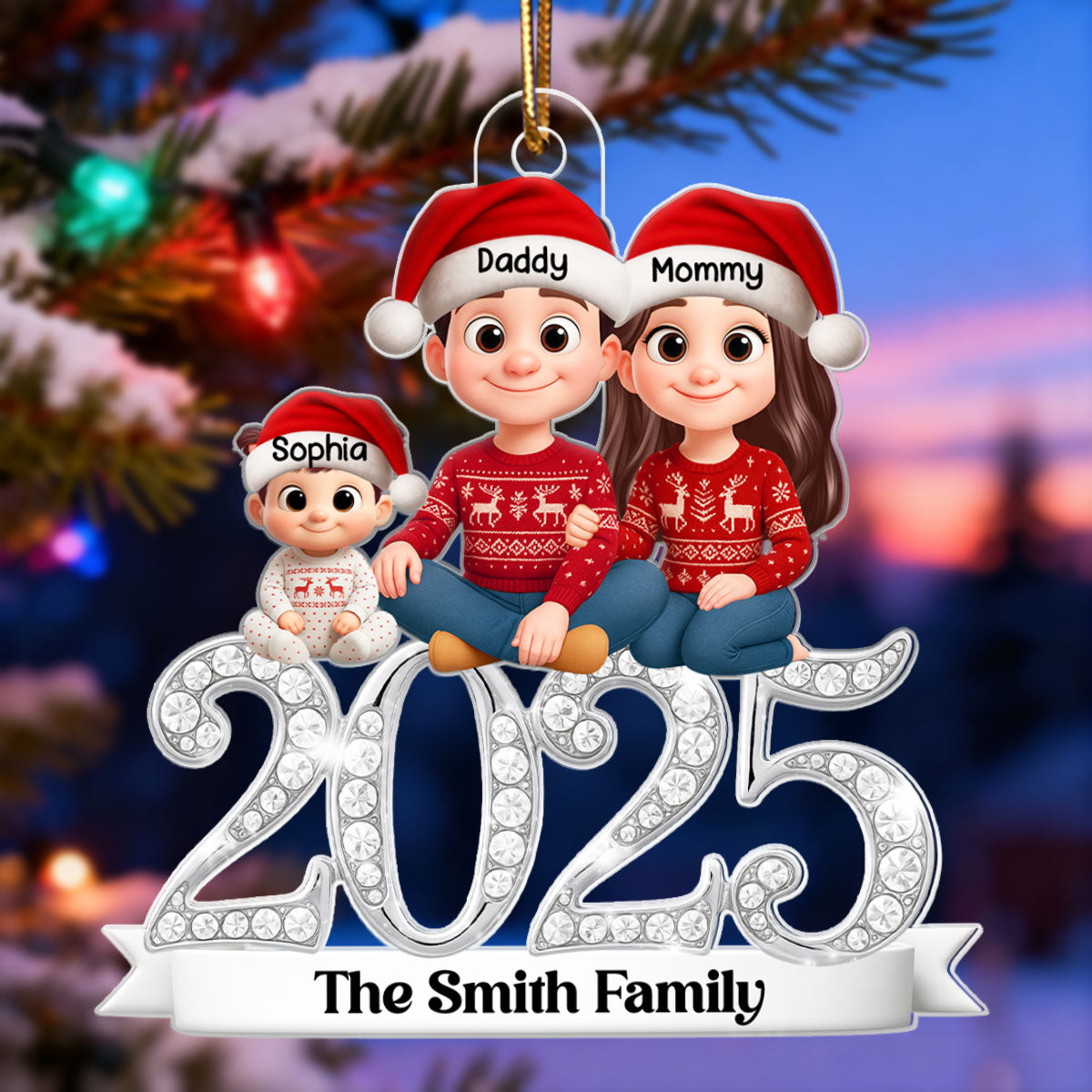 3D Shining Effect 2025 Family Sitting - Personalized Acrylic Ornament - Christmas Gift for Family