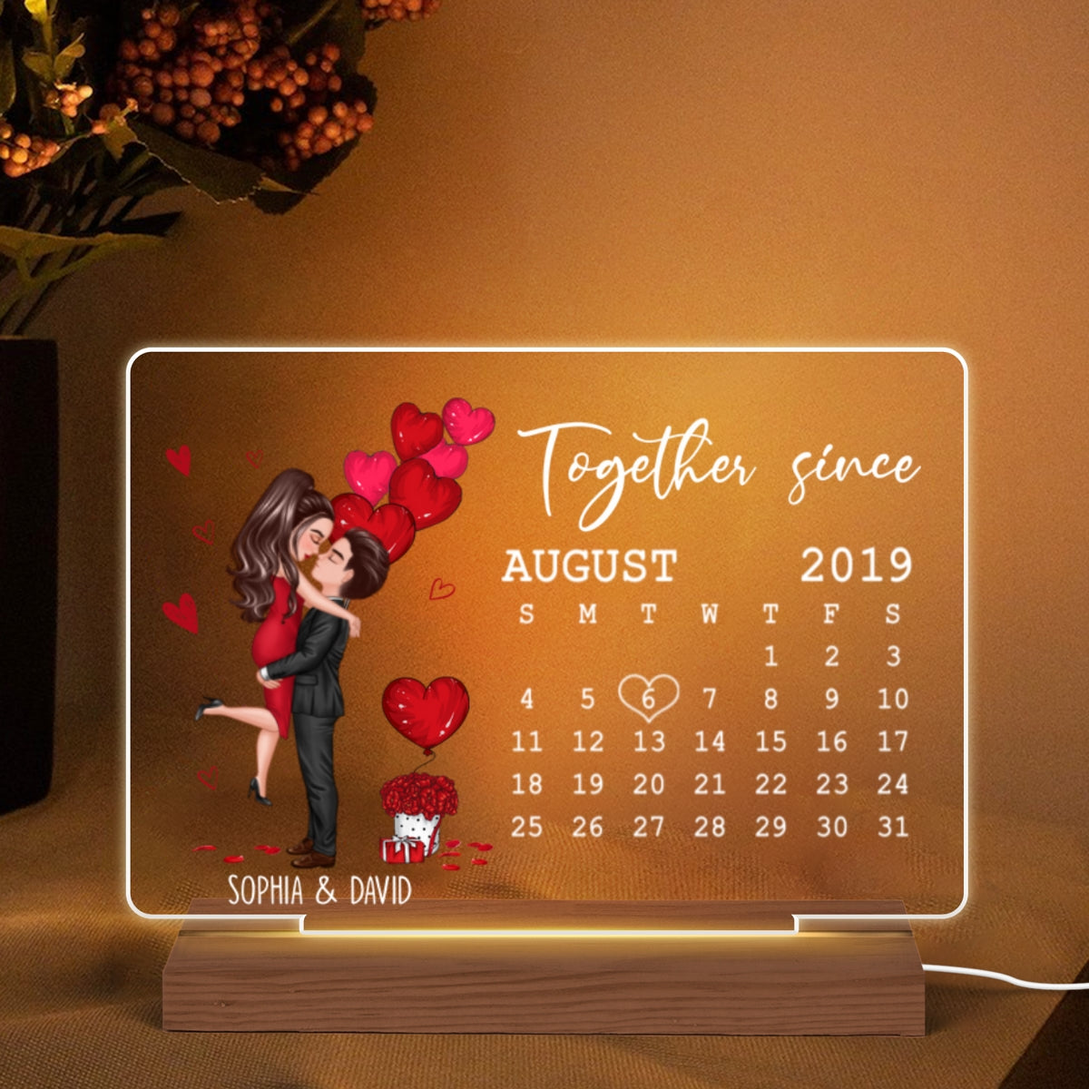 Be Mine Doll Couple Kissing Calendar Personalized Custom Shape LED Night Light